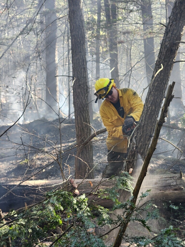 Devon working a chainsaw in firefighter turnout gear on a smoky New Hampshire wildland fire