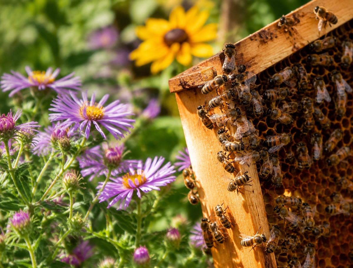 Honeybees on a hive frame beside garden flowers